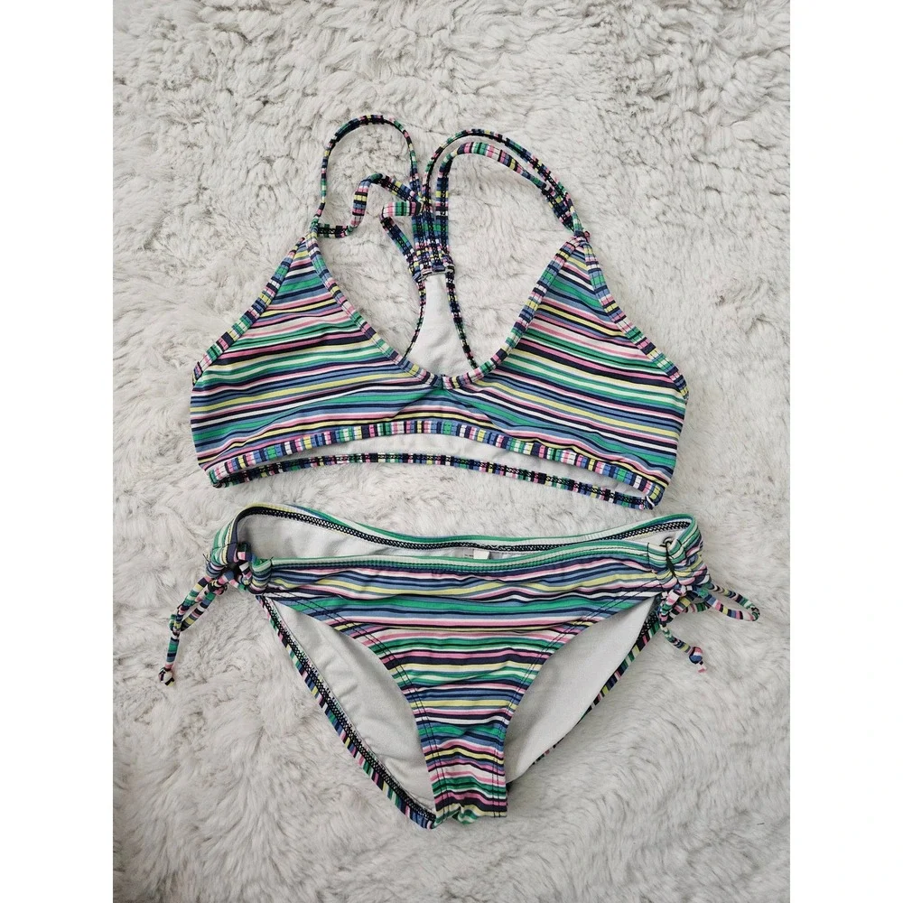 Ella Moss Multi-Color Striped Racerback Bikini Set Swimsuit Size 14 Tween Beach
